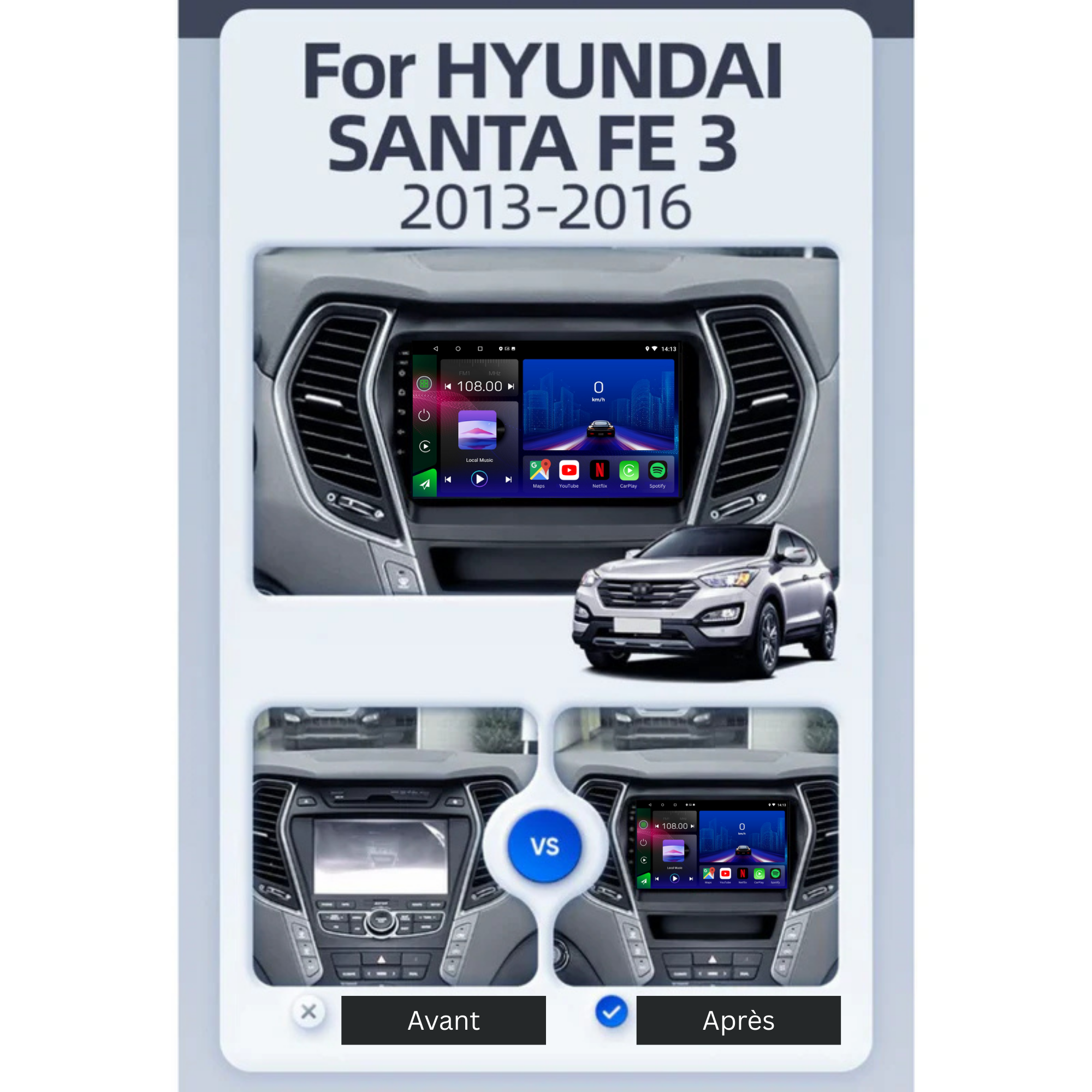 Hyundai Santa Fe 3 | 2013-2016 | Android 13 Autoradio | Apple CarPlay | Android Auto - TechVoyage