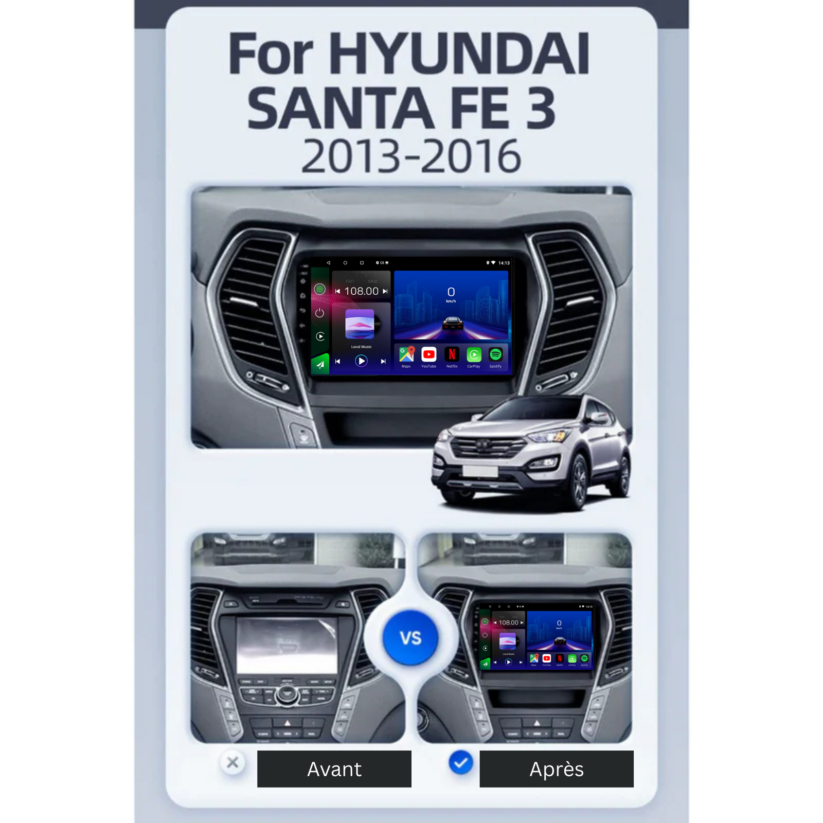 Hyundai Santa Fe 3 | 2013-2016 | Android 13 Autoradio | Apple CarPlay | Android Auto - TechVoyage